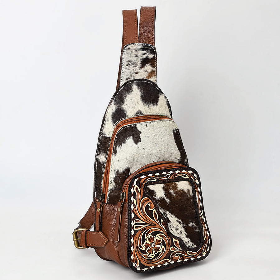 American Darling Sling Bag - Buck Stitched Floral Carved, Hair-On Cowhide, Eco-Friendly Vegetable Tanned Genuine Leather