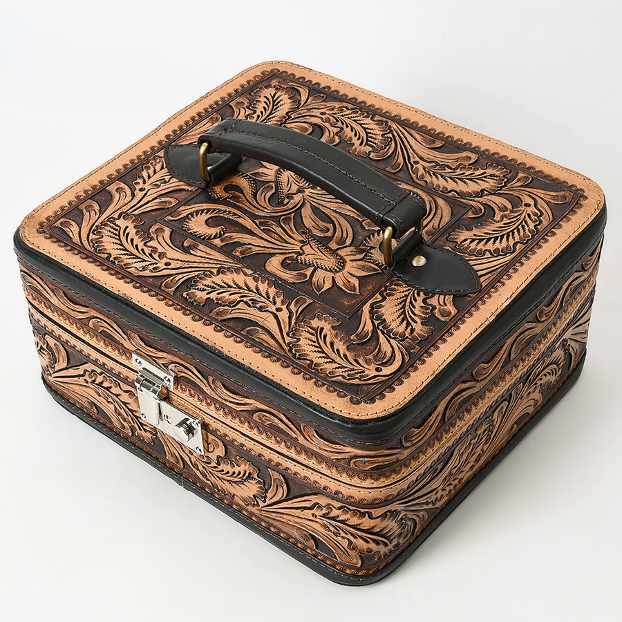 American Darling Jewelry Case - Hand Tooled Floral Carved, Eco-Friendly Vegetable Tanned Genuine Leather, Western Style