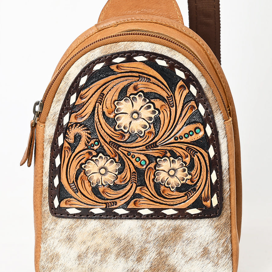 American Darling Sling Bag - Buck Stitched Floral Carved, Hair-On Cowhide, Eco-Friendly Vegetable Tanned Genuine Leather