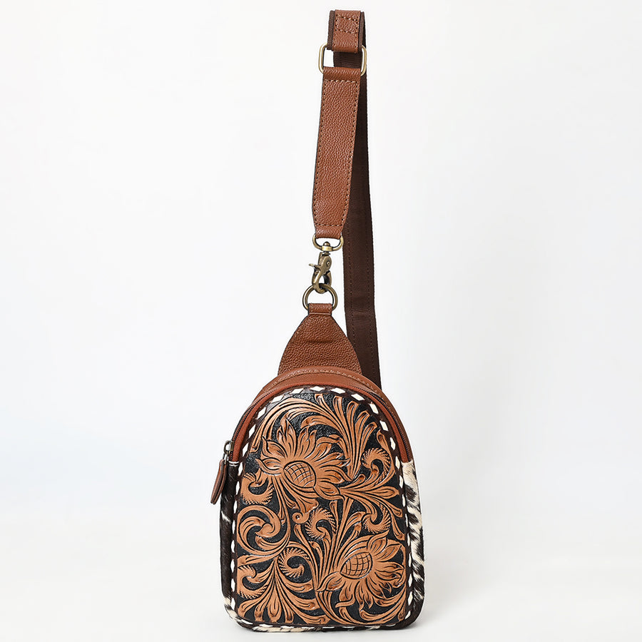American Darling Sling Bag - Buck Stitched Floral Carved, Hair-On Cowhide, Eco-Friendly Vegetable Tanned Genuine Leather