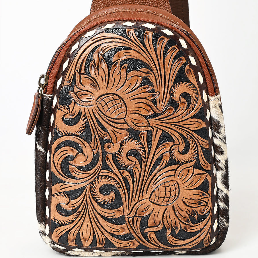 American Darling Sling Bag - Buck Stitched Floral Carved, Hair-On Cowhide, Eco-Friendly Vegetable Tanned Genuine Leather