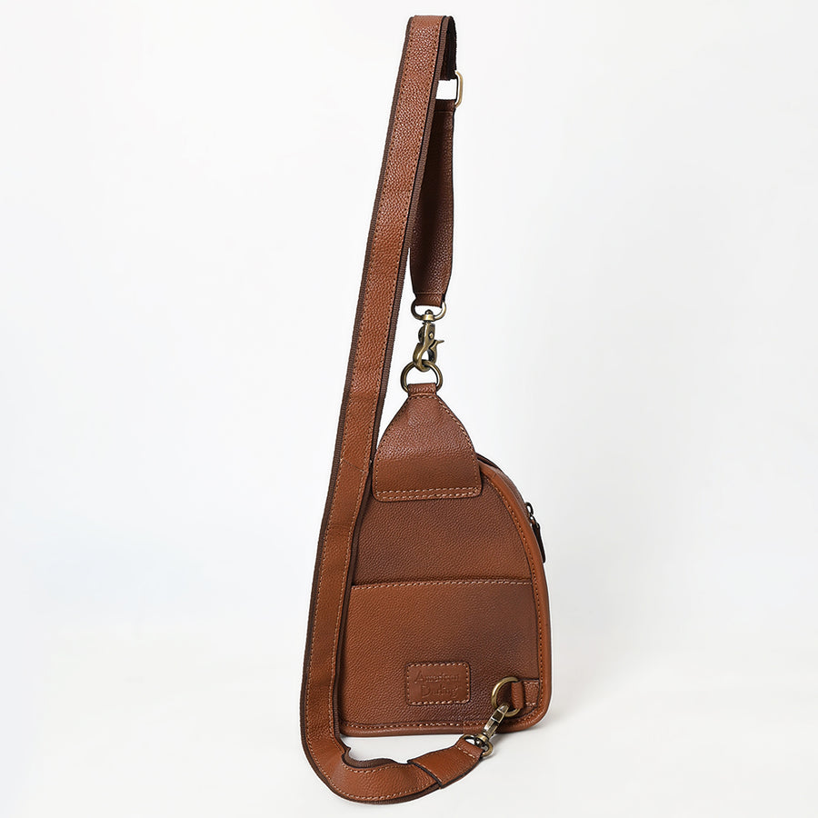 American Darling Sling Bag - Buck Stitched Floral Carved, Hair-On Cowhide, Eco-Friendly Vegetable Tanned Genuine Leather