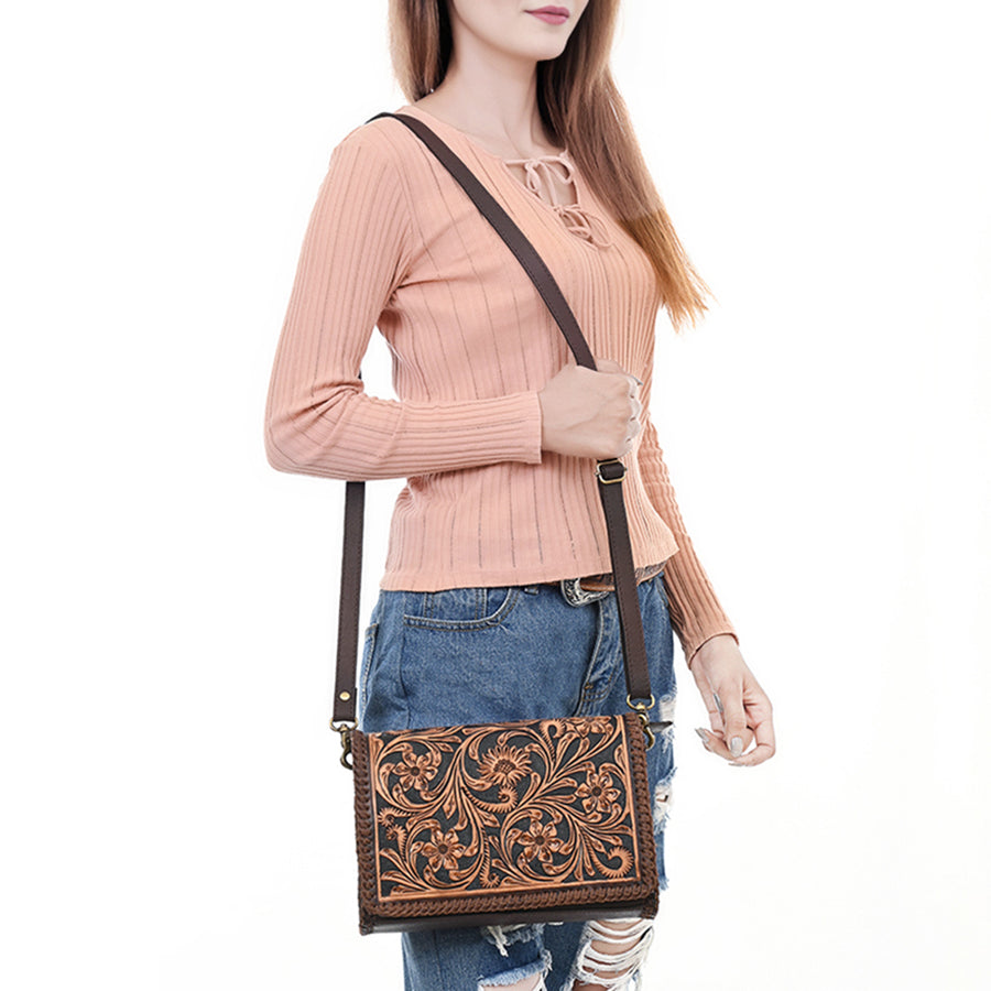 American Darling Small Cross body Bag - Hand Tooled Floral Carved, Eco-Friendly Vegetable Tanned Genuine Leather, Western Style