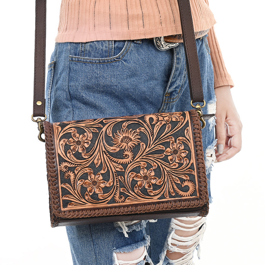 American Darling Small Cross body Bag - Hand Tooled Floral Carved, Eco-Friendly Vegetable Tanned Genuine Leather, Western Style
