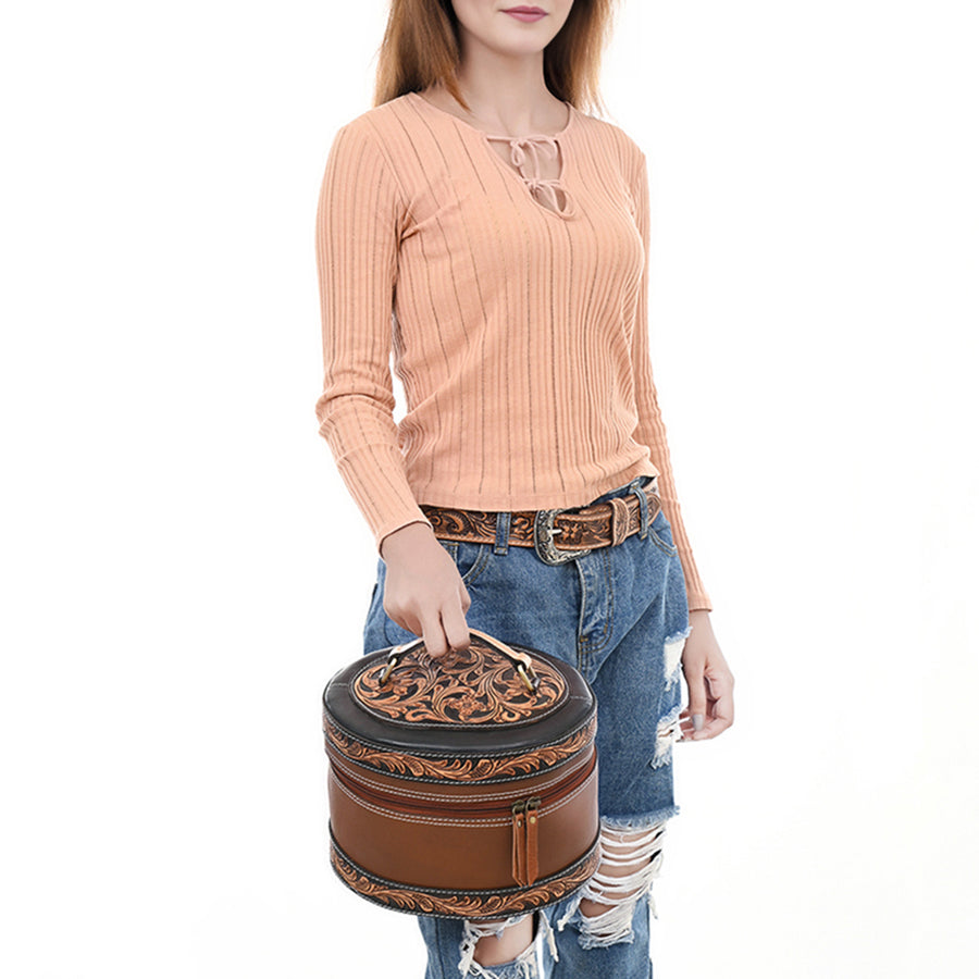 American Darling Hand Tooled Floral Carved Vegetable-Tanned Full Grain Genuine Leather Jewelry Case with YKK Zipper