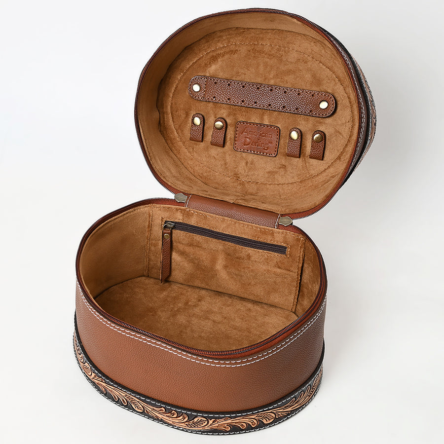 American Darling Hand Tooled Floral Carved Vegetable-Tanned Full Grain Genuine Leather Jewelry Case with YKK Zipper