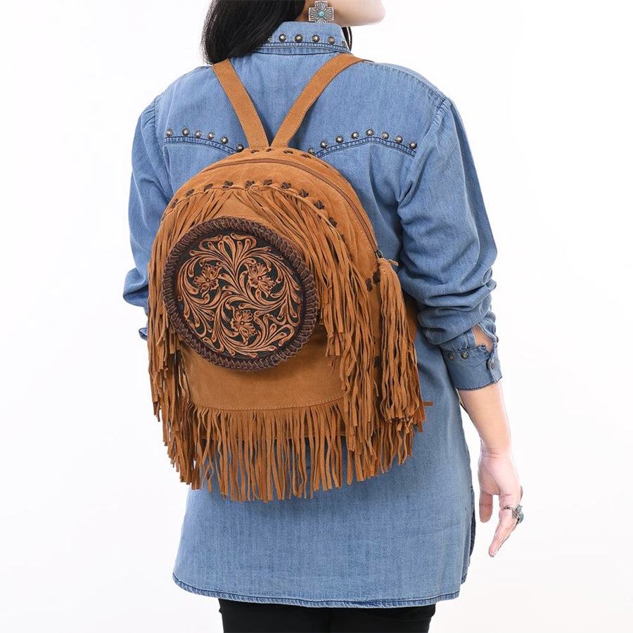 American Darling Hand Tooled Floral Carved Vegetable-Tanned Genuine Leather Backpack with Fringes and YKK Zipper