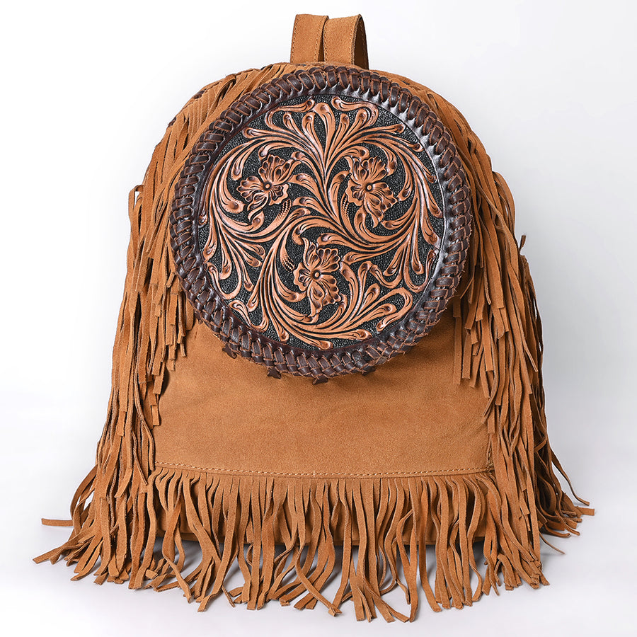 American Darling Hand Tooled Floral Carved Vegetable-Tanned Genuine Leather Backpack with Fringes and YKK Zipper