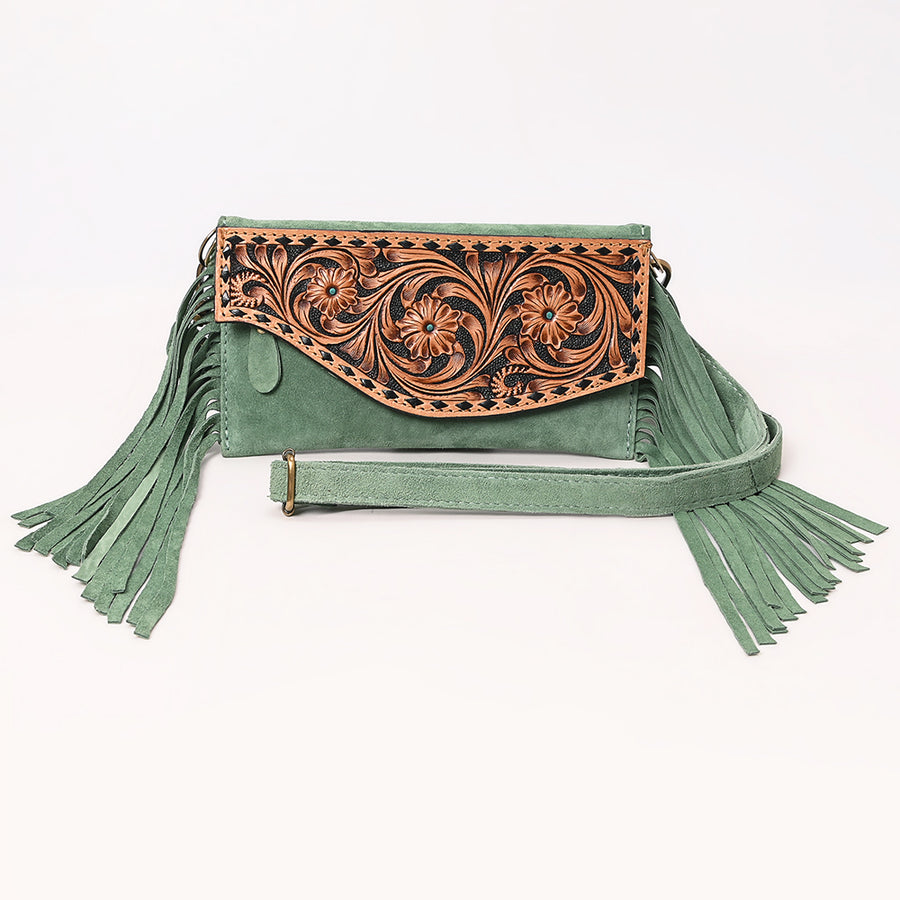 American Darling Hand Tooled Floral Carved Vegetable-Tanned Genuine Leather Small Cross body Bag with Fringes & YKK Zipper