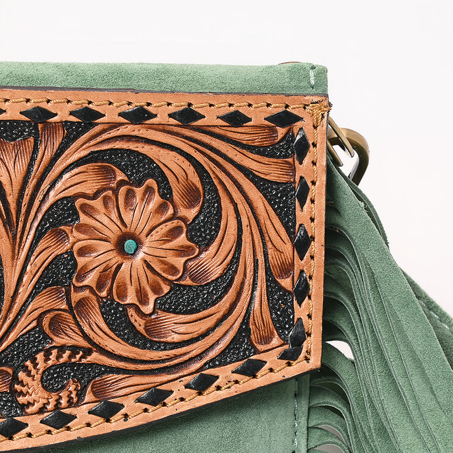 American Darling Hand Tooled Floral Carved Vegetable-Tanned Genuine Leather Small Cross body Bag with Fringes & YKK Zipper