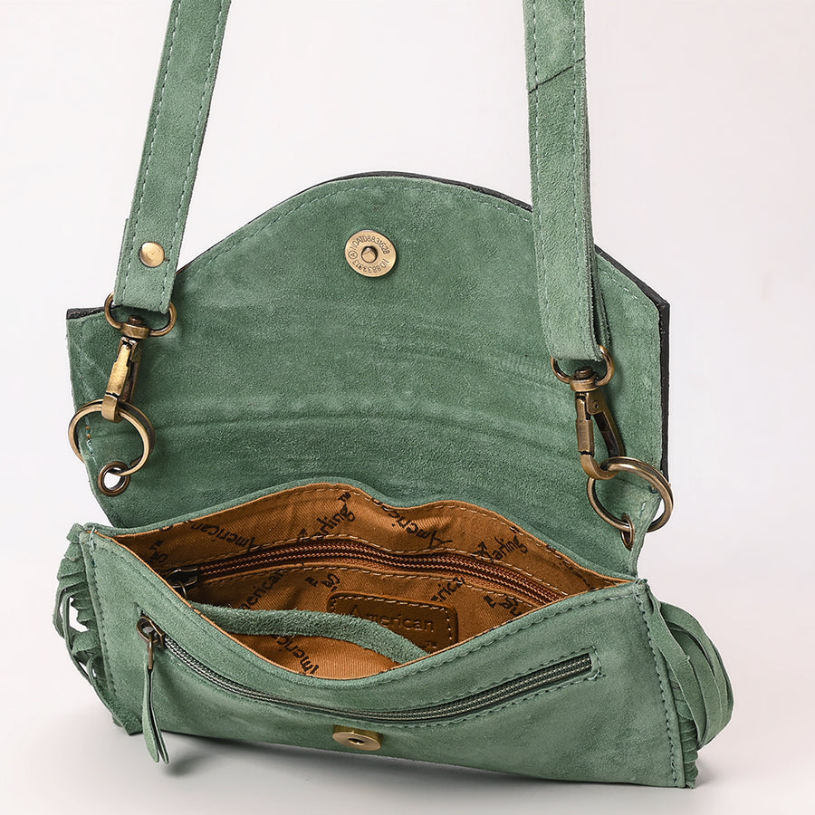 American Darling Hand Tooled Floral Carved Vegetable-Tanned Genuine Leather Small Cross body Bag with Fringes & YKK Zipper