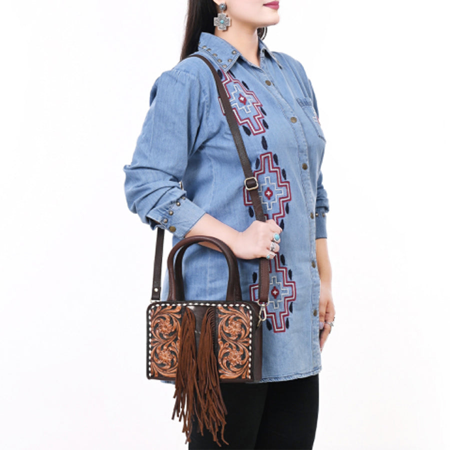 American Darling Hand Tooled Floral Carved Vegetable-Tanned Genuine Leather Tote Bag with Hair-On Cowhide, Fringes & YKK Zipper