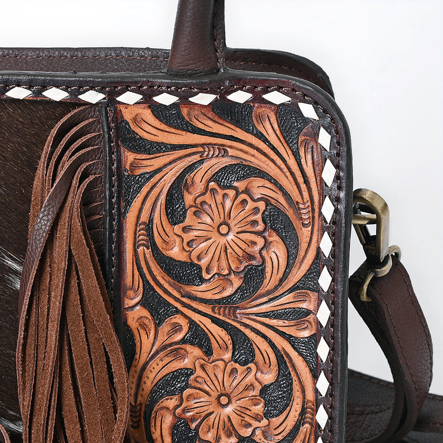 American Darling Hand Tooled Floral Carved Vegetable-Tanned Genuine Leather Tote Bag with Hair-On Cowhide, Fringes & YKK Zipper