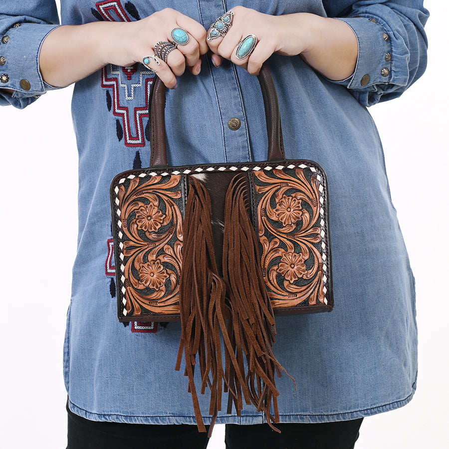 American Darling Hand Tooled Floral Carved Vegetable-Tanned Genuine Leather Tote Bag with Hair-On Cowhide, Fringes & YKK Zipper