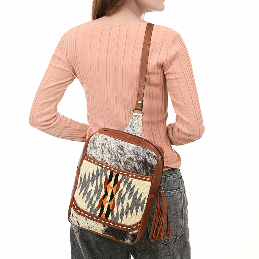 American Darling Hand Woven Saddle Blanket & Hair-On Cowhide Vegetable-Tanned Genuine Leather Sling Bag with YKK Zipper