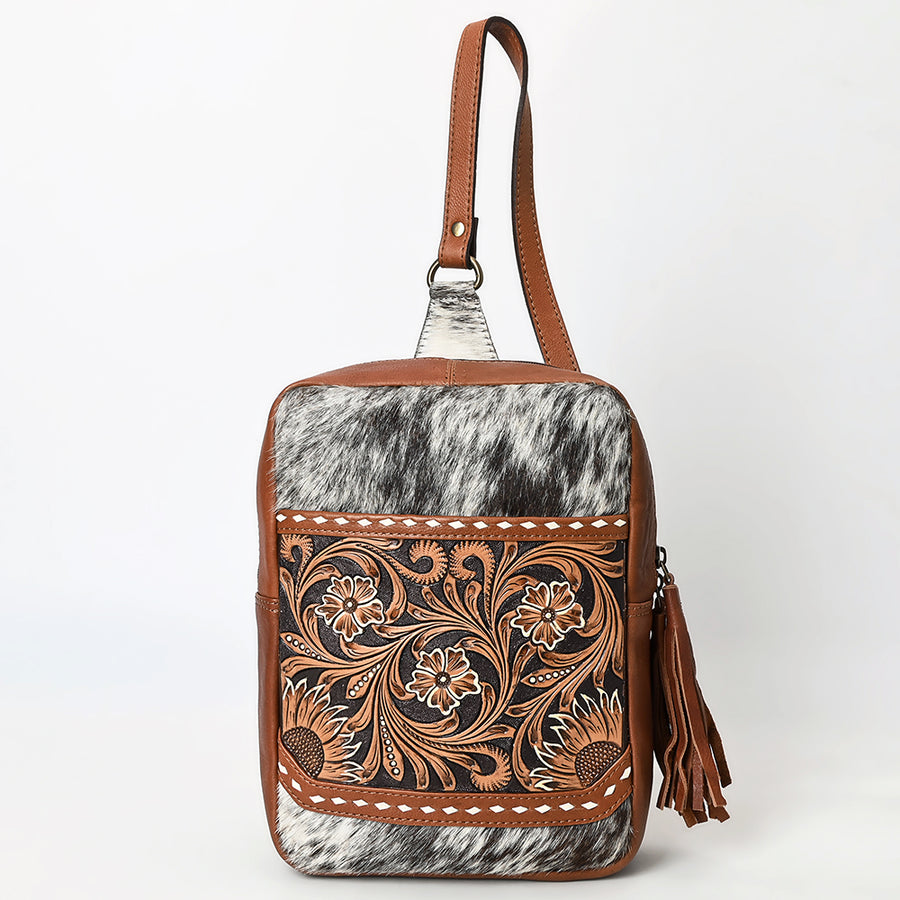 American Darling Hand Tooled Floral Carved Vegetable-Tanned Genuine Leather Sling Bag with Hair-On Cowhide & YKK Zipper