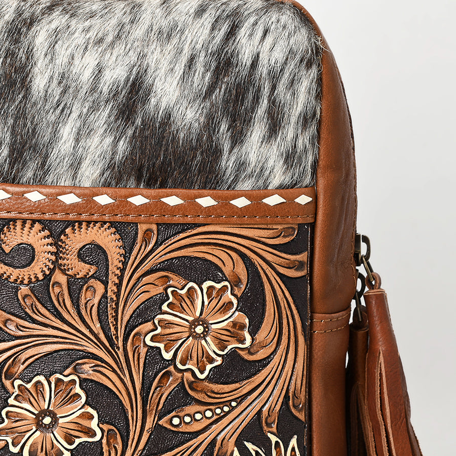 American Darling Hand Tooled Floral Carved Vegetable-Tanned Genuine Leather Sling Bag with Hair-On Cowhide & YKK Zipper