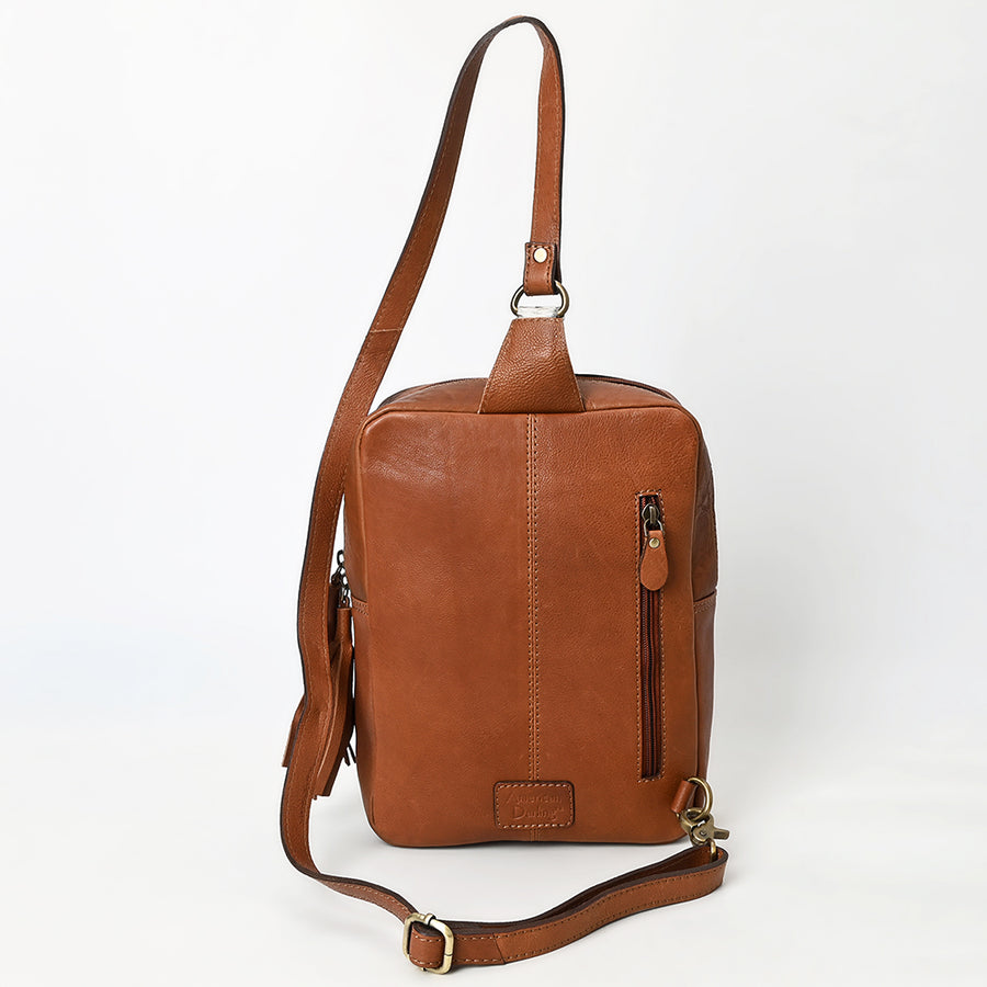 American Darling Hand Tooled Floral Carved Vegetable-Tanned Genuine Leather Sling Bag with Hair-On Cowhide & YKK Zipper
