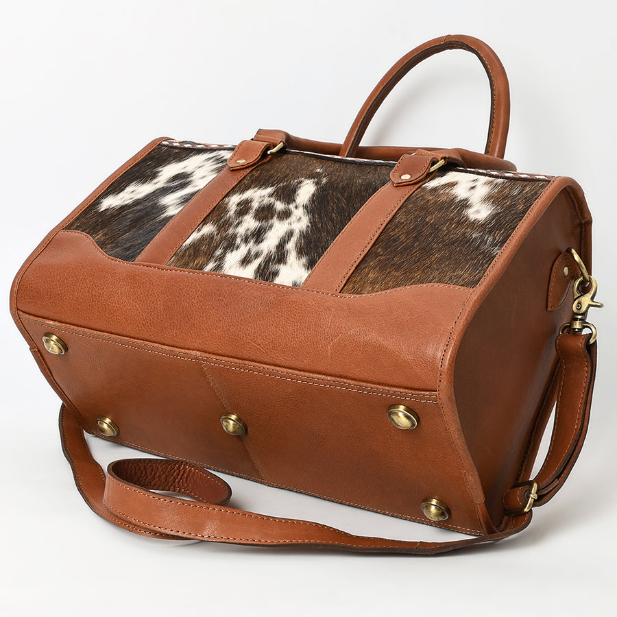 American Darling Hand Tooled Floral Carved Vegetable-Tanned Genuine Leather Speedy Bag with Hair-On Cowhide & YKK Zipper
