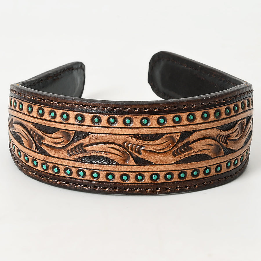 American Darling Hand-Tooled Genuine Leather Hair Band – Western Floral Carving with Stud Accents, Premium Cowhide Headband