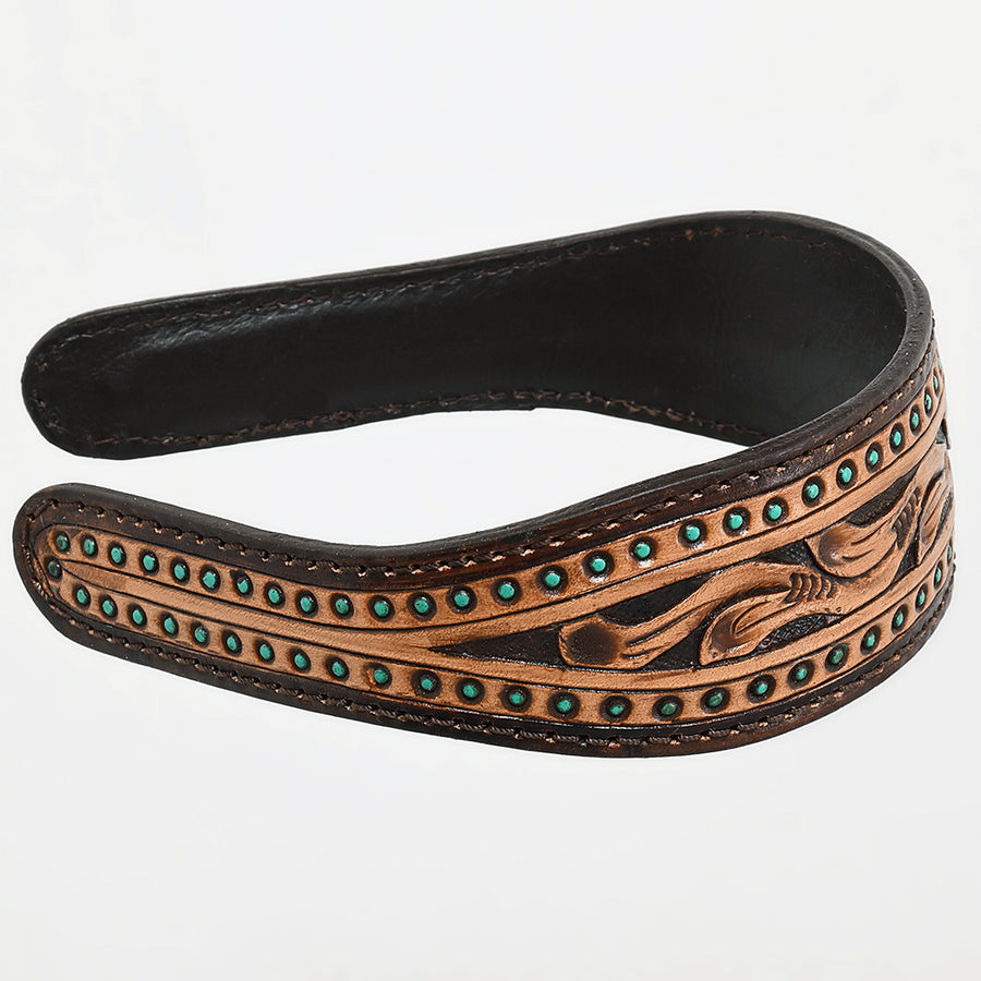 American Darling Hand-Tooled Genuine Leather Hair Band – Western Floral Carving with Stud Accents, Premium Cowhide Headband