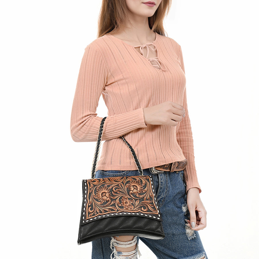 American Darling Western Leather Cross body Bag - Eco-Friendly Vegetable Tanned Full Grain Leather Hand Tooled Floral Carved Purse