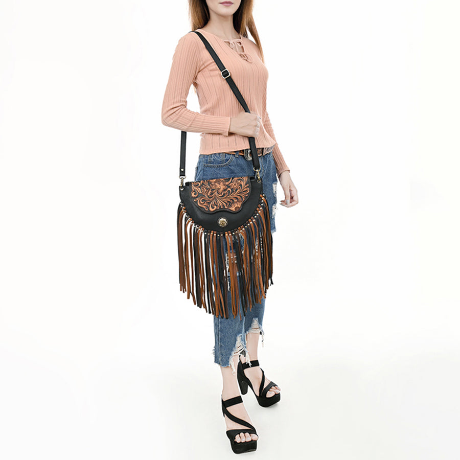 American Darling Western Leather Small Cross body Bag - Eco-Friendly Full Grain Leather Hand Tooled Floral Purse With Fringes