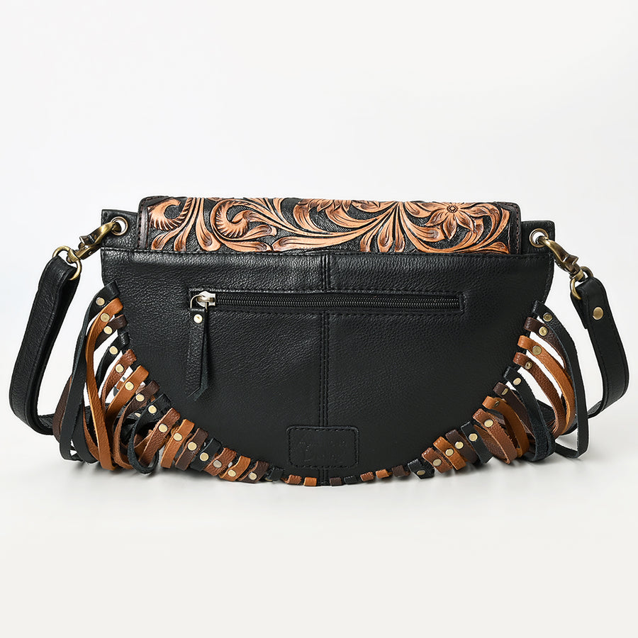 American Darling Western Leather Small Cross body Bag - Eco-Friendly Full Grain Leather Hand Tooled Floral Purse With Fringes