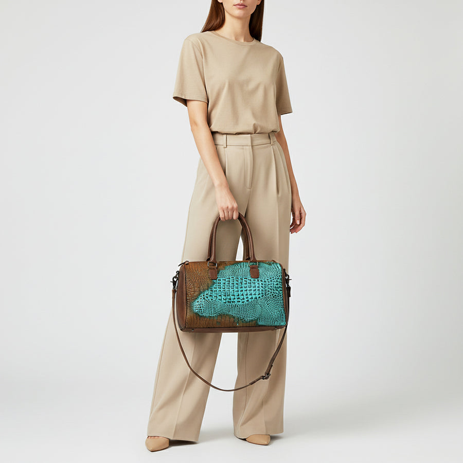 American Darling Western Leather Crocodile Embossed Speedy Bag | Premium Genuine Leather Travel Duffel Bag