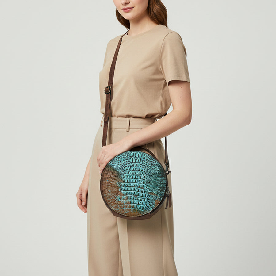 American Darling Hair On Crocodile Embossed Genuine Leather Canteen Bag | Round Western Crossbody | Adjustable Strap | Premium Craftsmanship