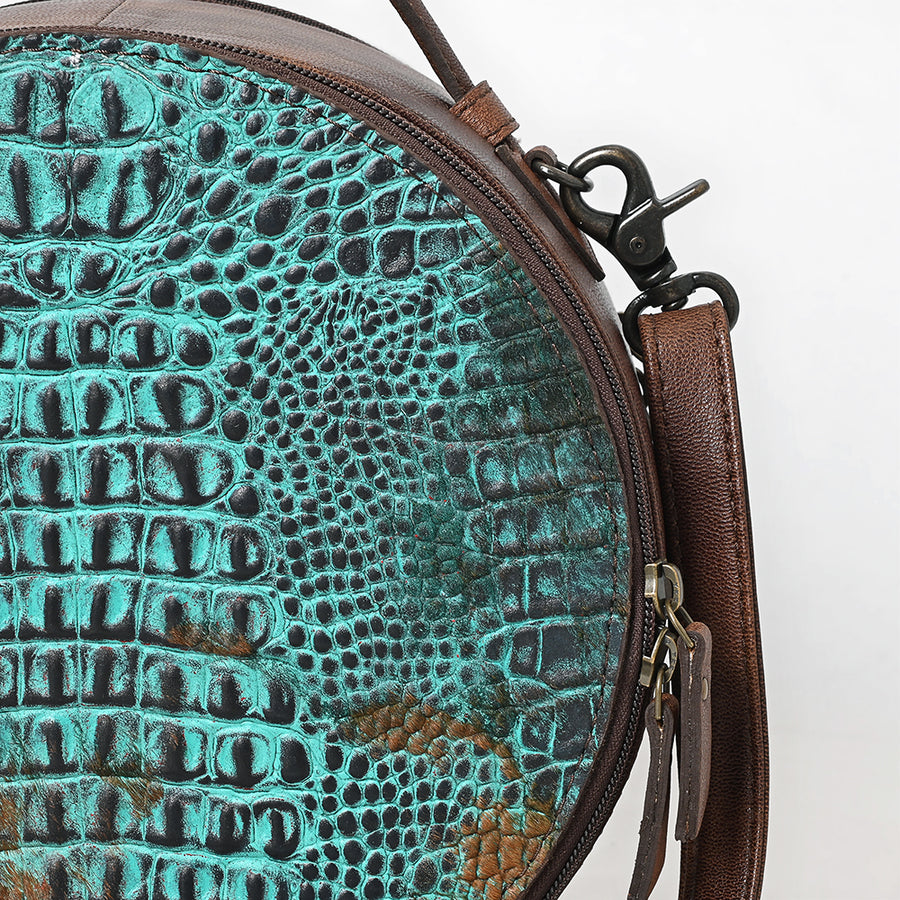 American Darling Hair On Crocodile Embossed Genuine Leather Canteen Bag | Round Western Crossbody | Adjustable Strap | Premium Craftsmanship
