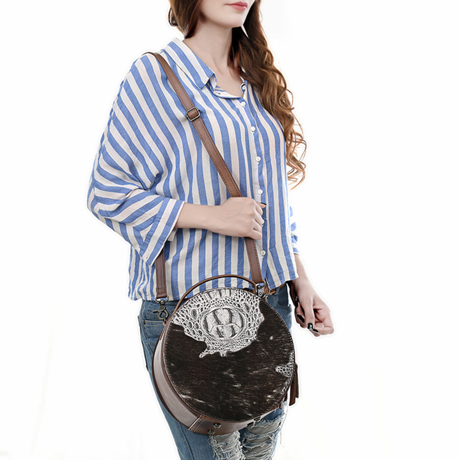 American Darling Hair On Crocodile Embossed Genuine Leather Canteen Bag | Round Western Crossbody | Adjustable Strap | Premium Craftsmanship