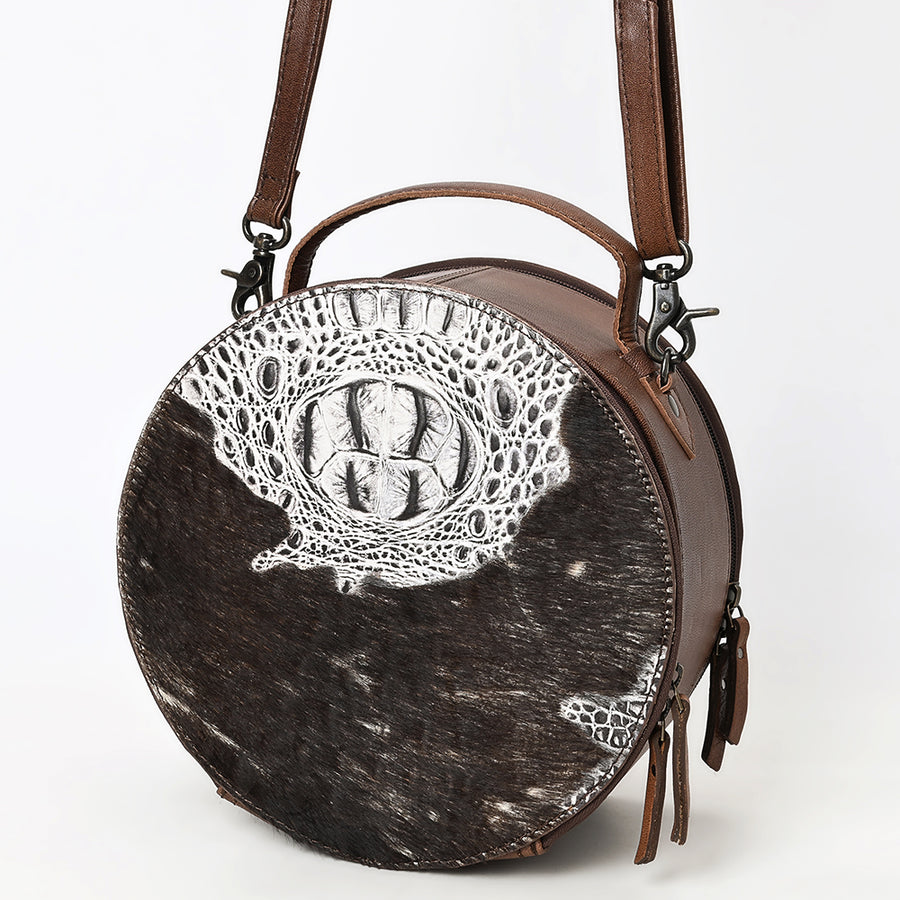 American Darling Western Hair On Genuine Leather Canteen Bag | Crocodile Embossed Round Crossbody - Uhorse