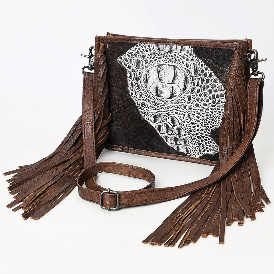 American Darling Western Leather Crossbody Bag with Fringe and Croc Embossed Detailing - Uhorse