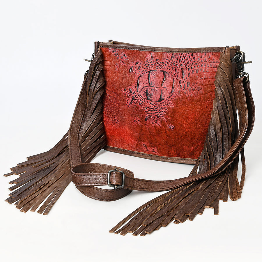 American Darling Western Leather Crossbody Bag with Fringe and Croc Embossed Detailing - Uhorse