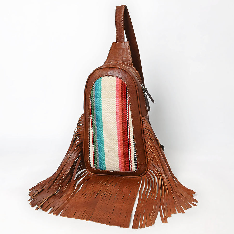 American Darling Western Leather Sling Bag with Fringe and Hand Woven Saddle Blanket - Uhorse