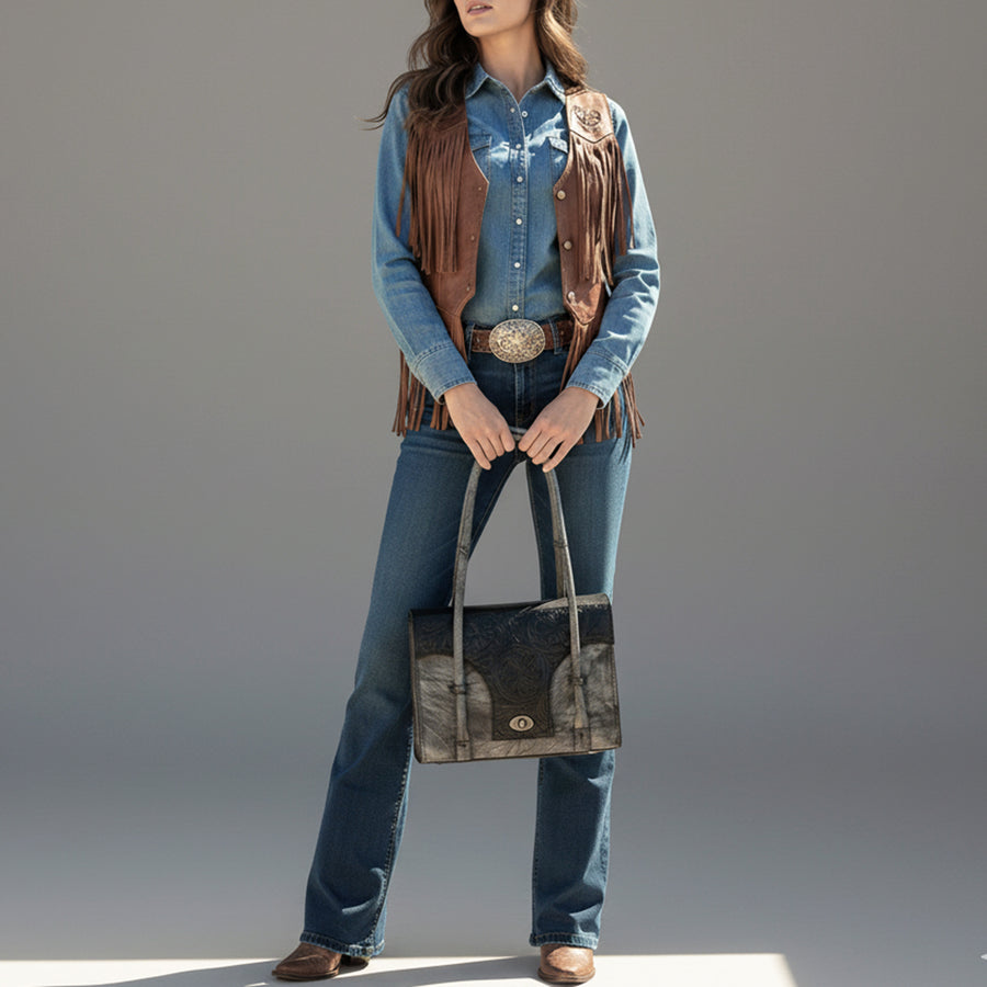 American Darling Briefcase Hand Tooled Genuine Leather Women's Bag Western Handbag Purse