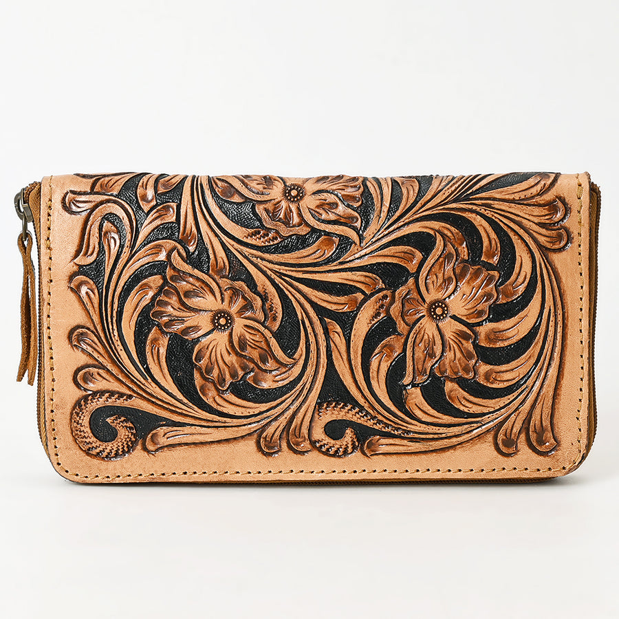 American Darling Hand Tooled Floral Carved Vegetable-Tanned Full Grain Genuine Leather Wristlet Bag with YKK Zipper