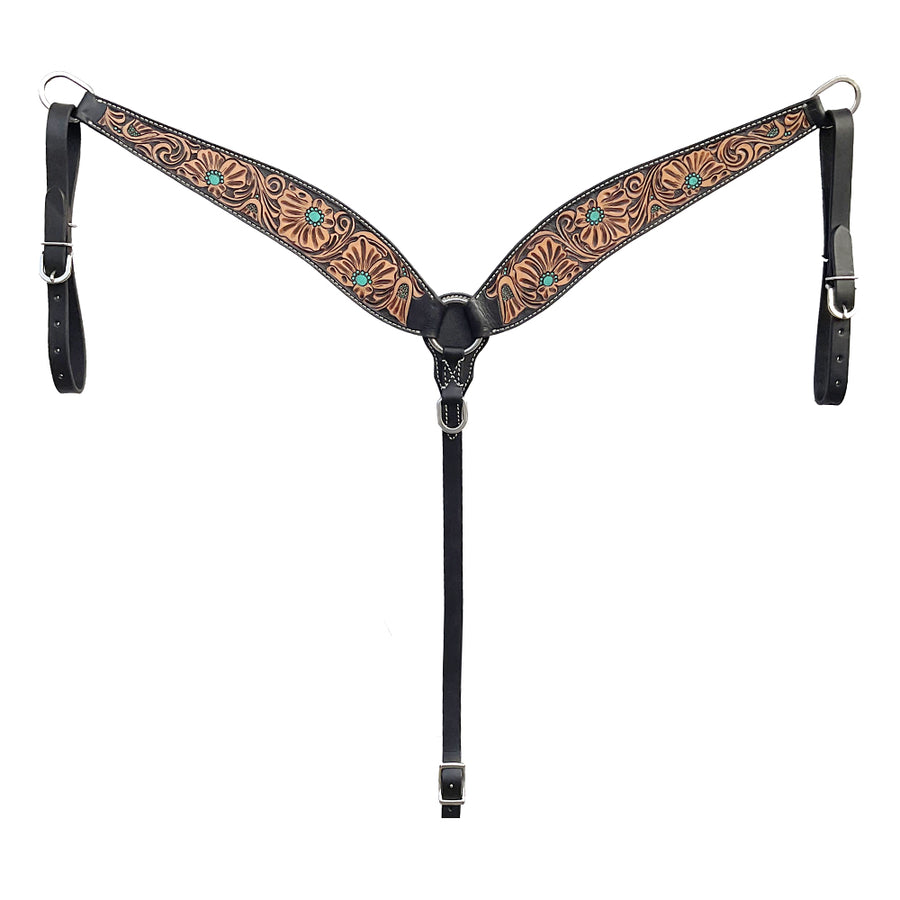 Tooled leather western breast collar with turquoise conchos - Uhorse