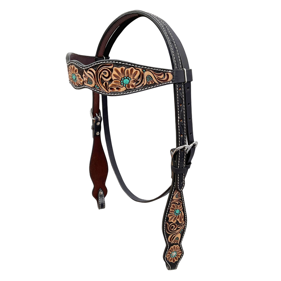 Leather browband with tooled floral design and turquoise stone accents - Uhorse