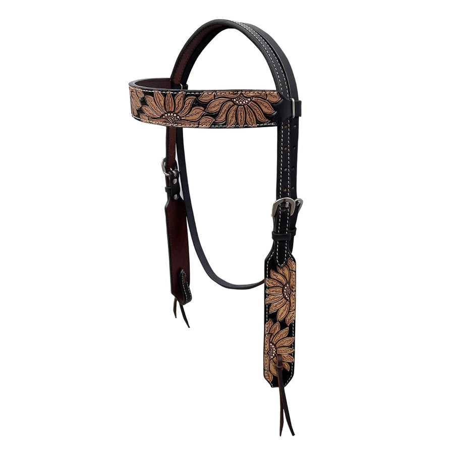Black leather headstall with tooled sunflower browband - Uhorse