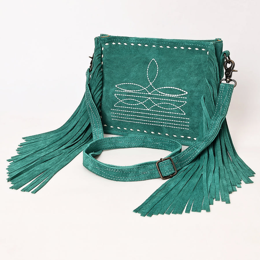 American Darling Western Genuine Suede Leather Crossbody Bag with Fringe and Buck Stitch Detailing - Hilason
