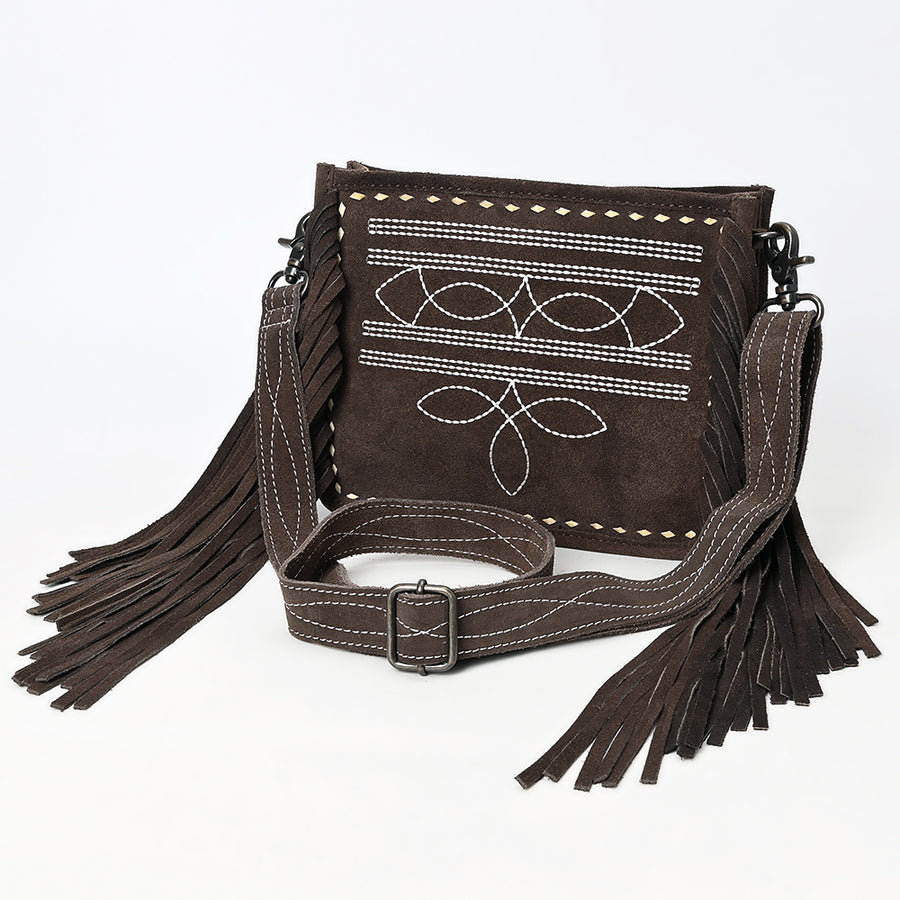 American Darling Western Genuine Suede Leather Crossbody Bag with Fringe and Buck Stitch Detailing - Hilason