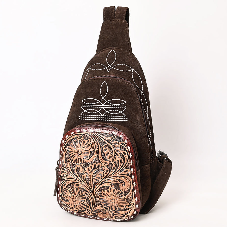 American Darling Genuine Suede Leather Sling Bag with Hand Tooled Floral Front and Buck Stitch Details - Hilason