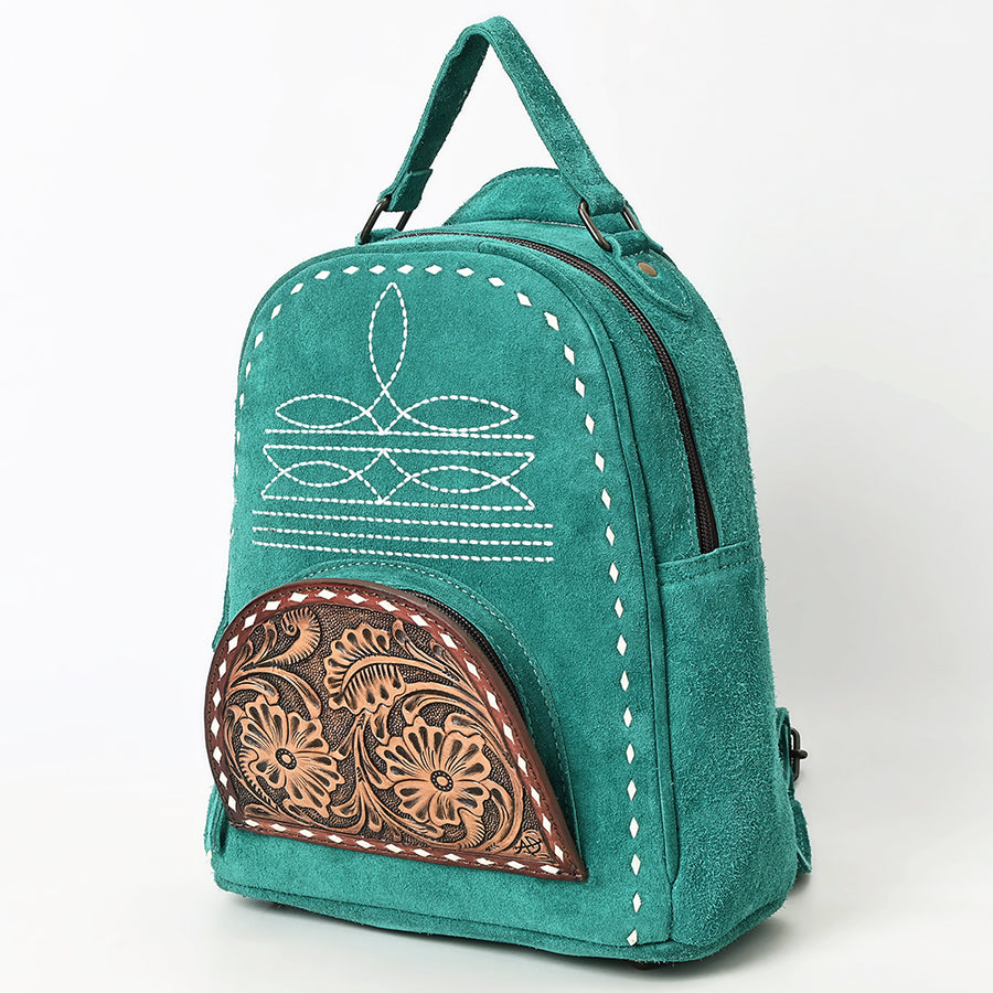 American Darling Genuine Suede Leather Backpack Bag with Hand Tooled Floral Front and Buck Stitch Accents - Uhorse