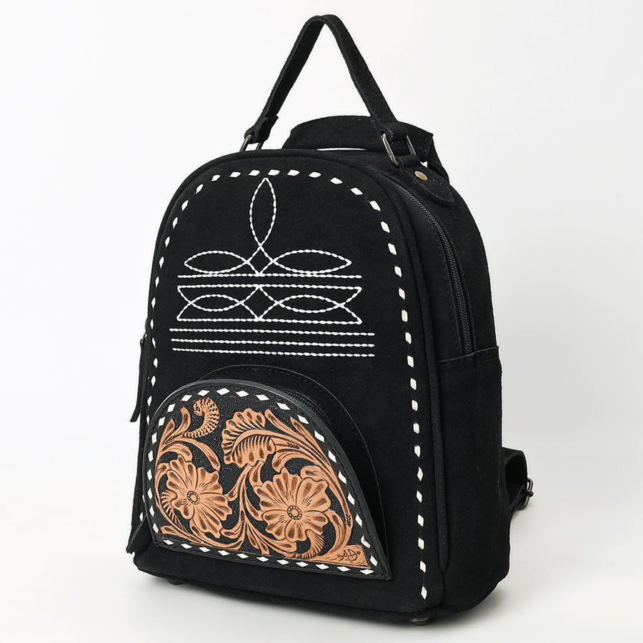 American Darling Black Suede Genuine Leather Backpack Bag with Hand Tooled Floral Front and Buck Stitch Accents - Uhorse