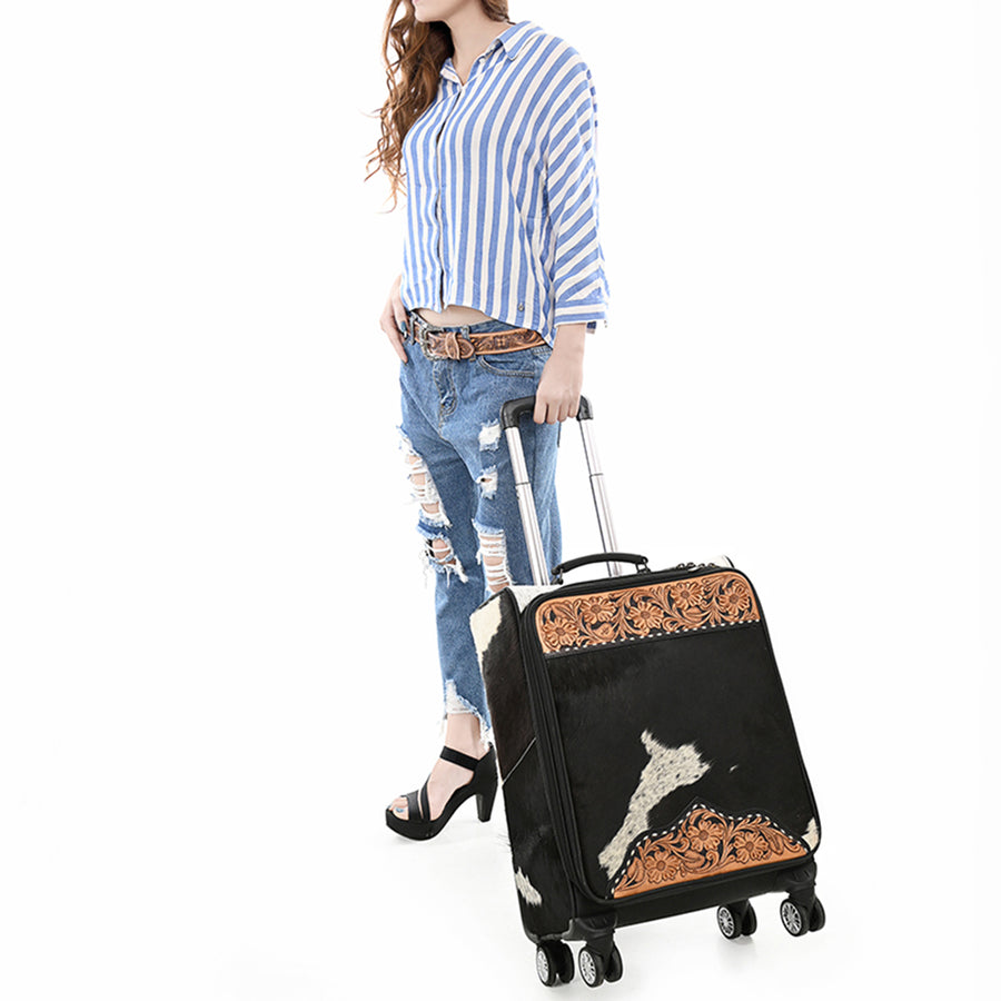 American Darling Travel Case Beautifully Hand Tooled Hair-On Genuine Leather Women Trolley bag