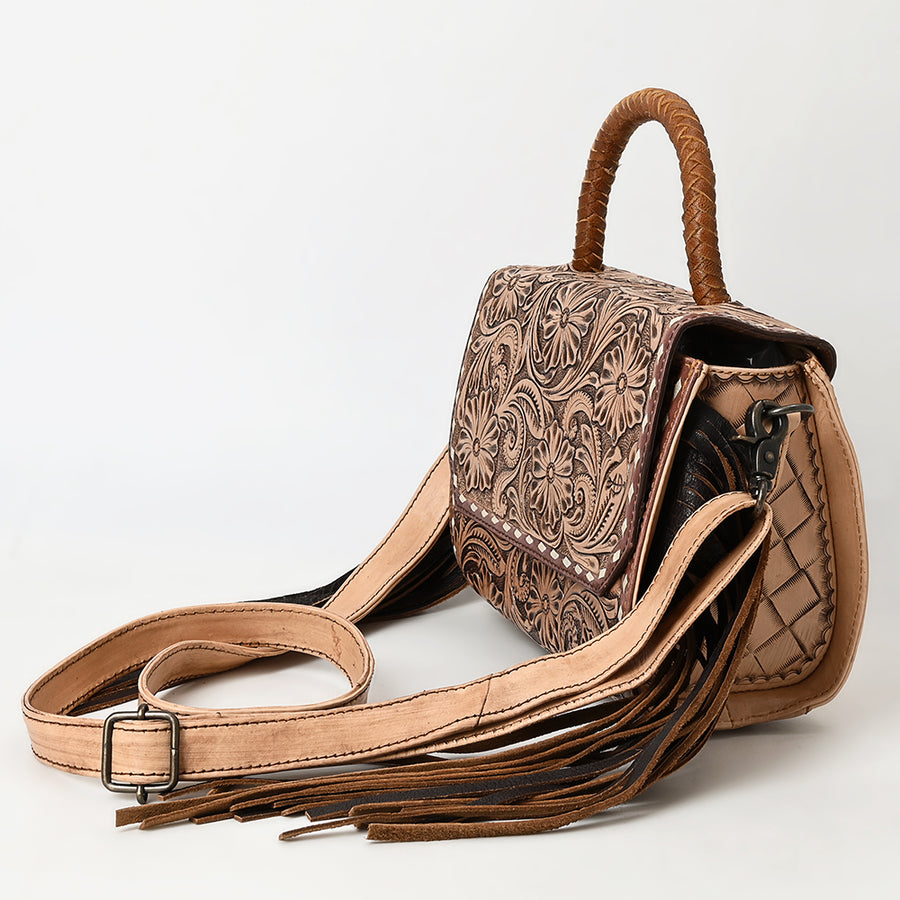 American Darling Hand-Tooled Genuine Leather Messenger Bag with Floral Carving Fringe Buck-Stitching & Crossbody Strap
