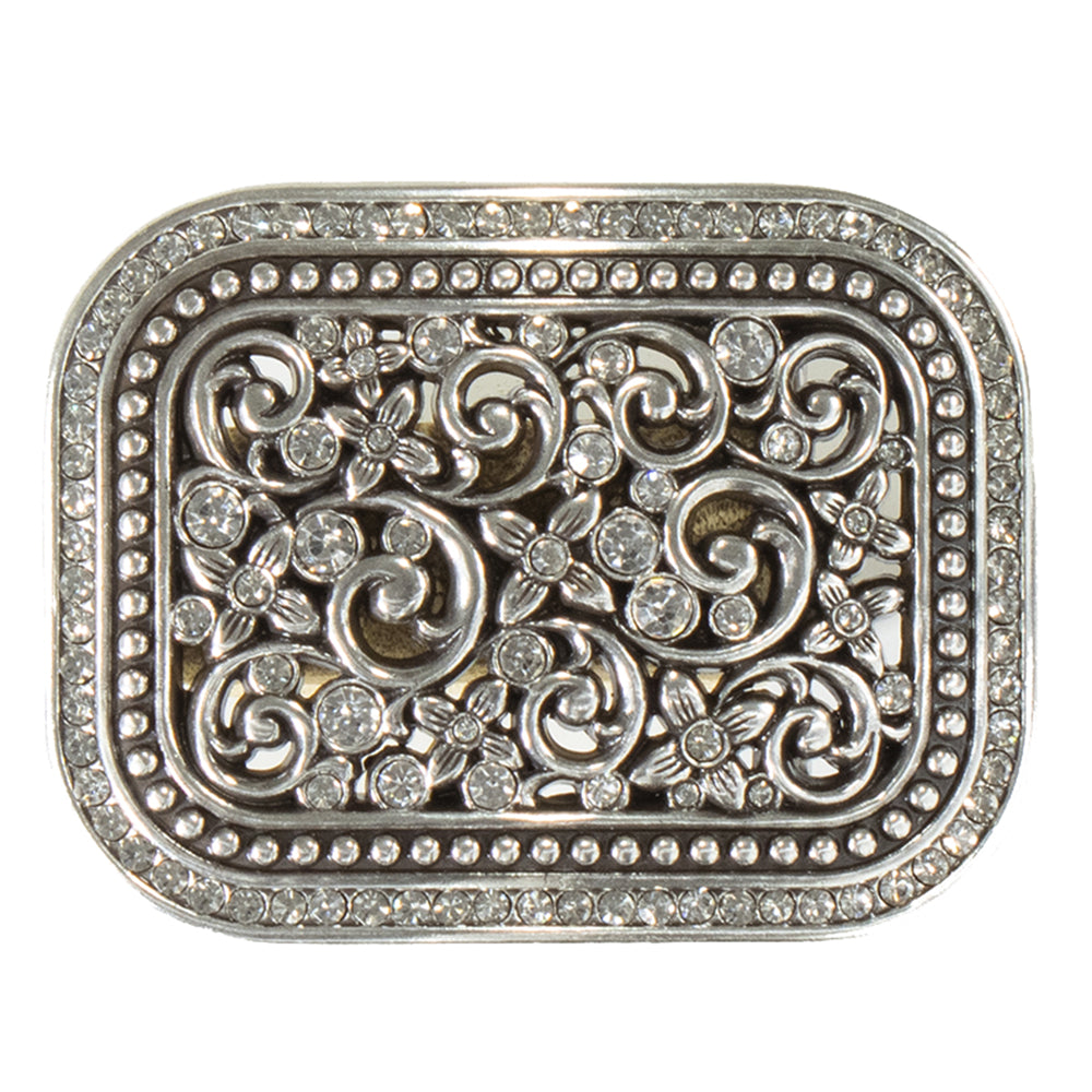 3-7/8 X 2-1/2 Blazin Roxx Rectangle Buckle Floral Filigree Crystal Shiny Silver Finish
