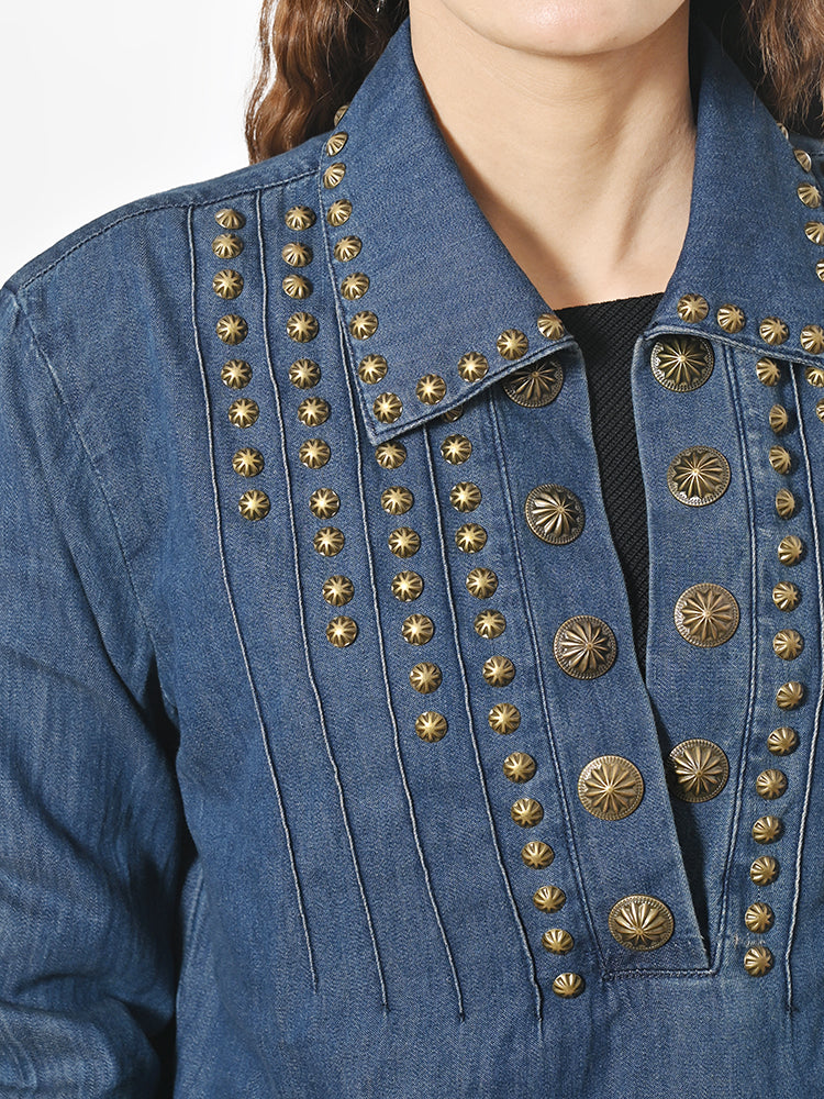 American Darling Women’s Vintage Denim Western Dress – Studded Tunic with Antique Rivets, Premium Cotton